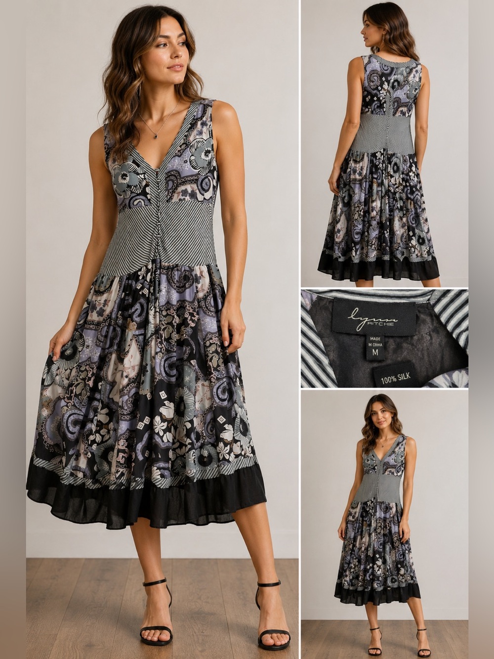 Lynn Ritchie 100% Silk Sleeveless Midi Dress Boho Patchwork Floral Medium
